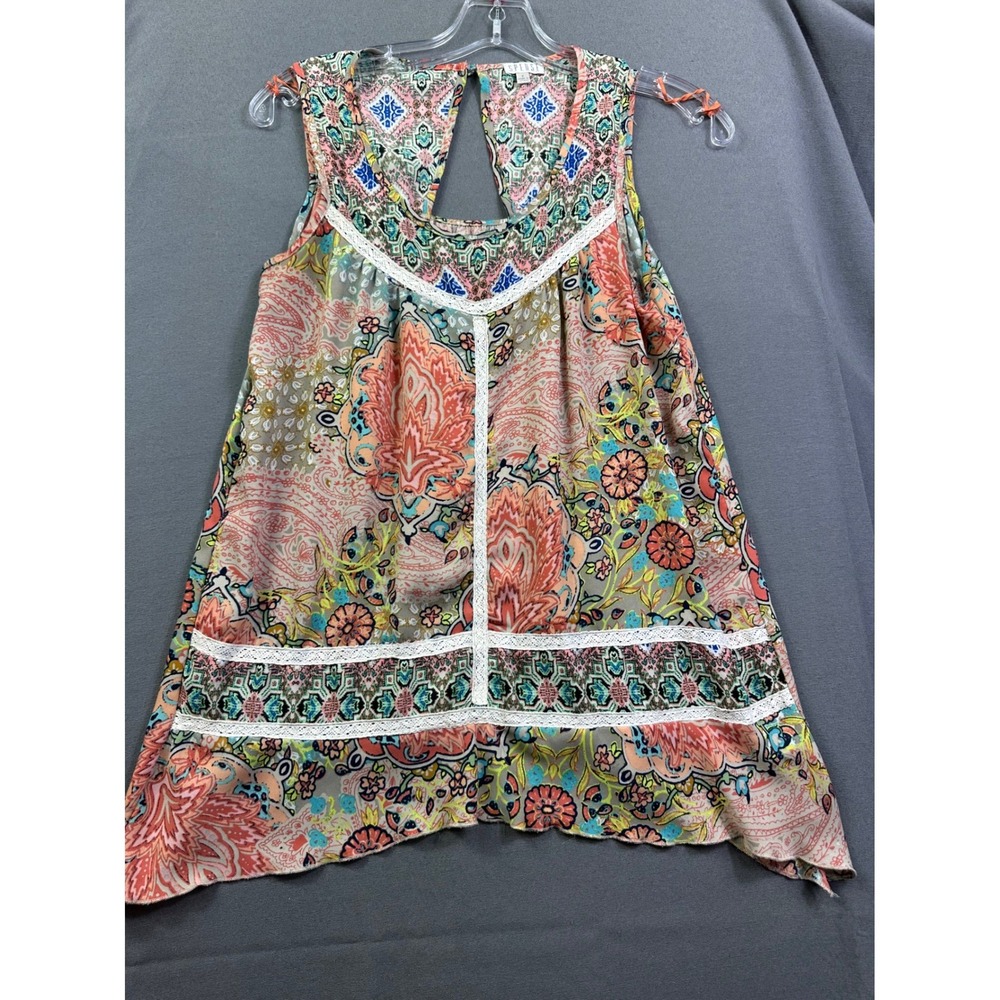 Spense Sleeveless Paisley Floral Lace Trim Keyhole Back Top Multicolor Women S‎